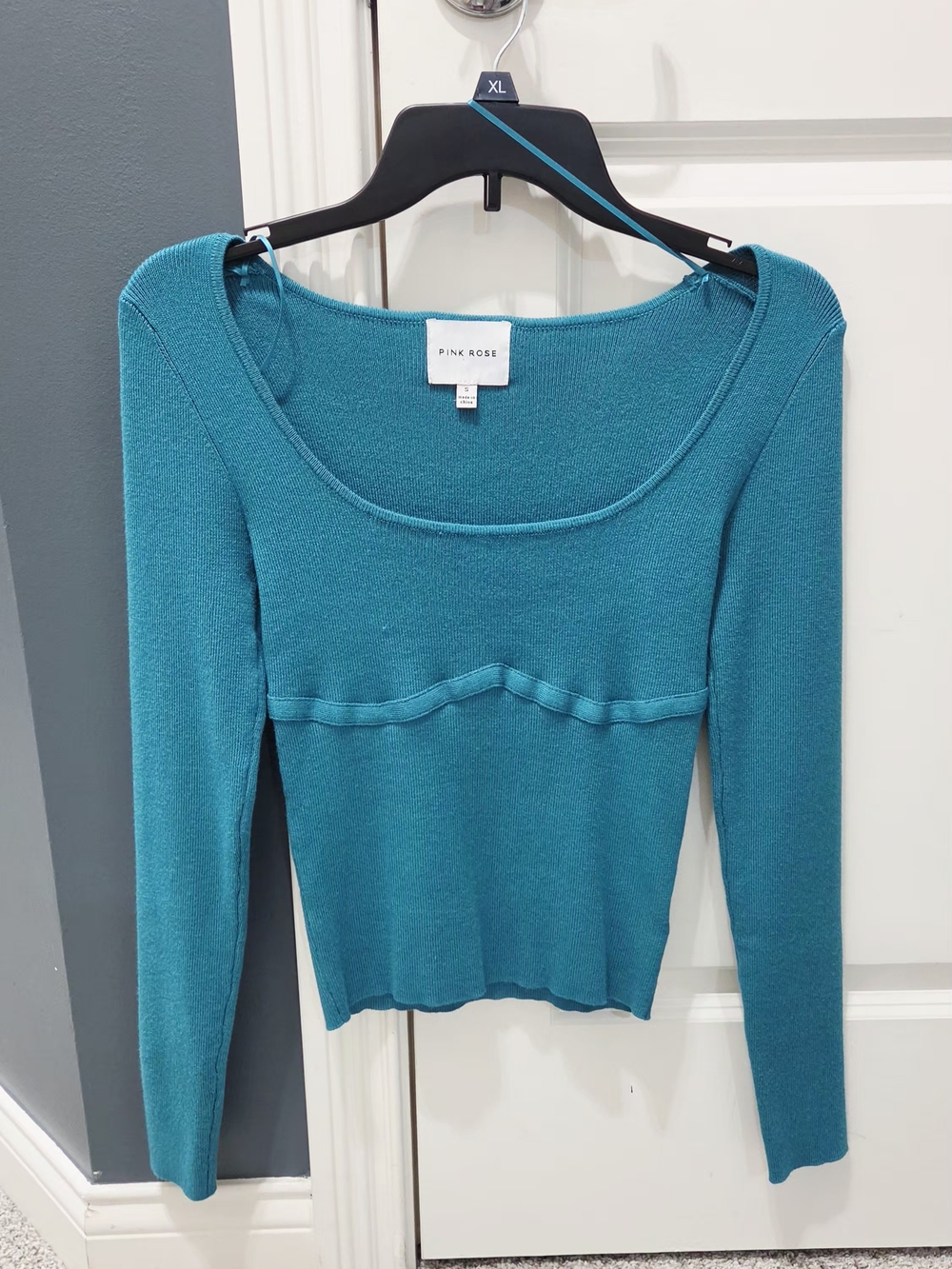 PINK ROSE Teal Scoop-Neck Long Sleeve Knit Top
